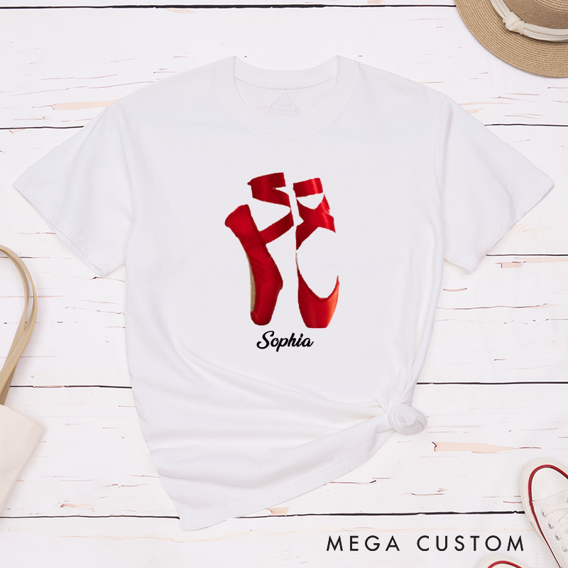 Personalized Ballet Dance Shoes Classic T-Shirt Custom Red Pointe Slippers Gift for Dancers Ballet Lovers Unique Dancewear Apparel Birthday Present 