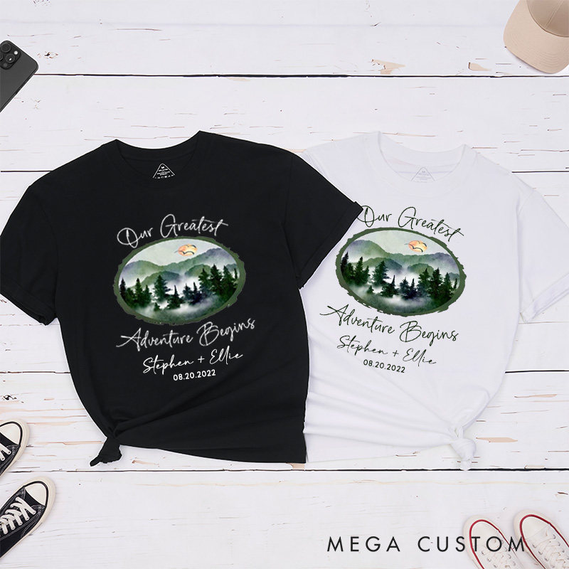 Personalized Watercolor Mountain Serence Our Greatest Adventure Begins Matching Honeymoon Couple Classic T-Shirt