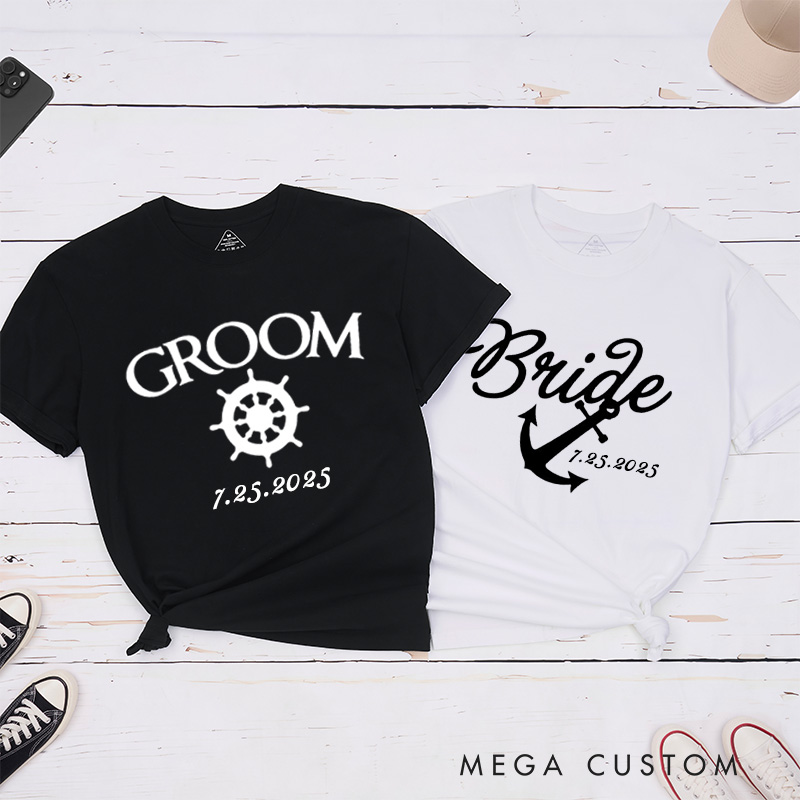 Personalized Elegant Nautical Bride and Groom with Anchor and Helm Matching Wedding Couple Classic T-Shirt
