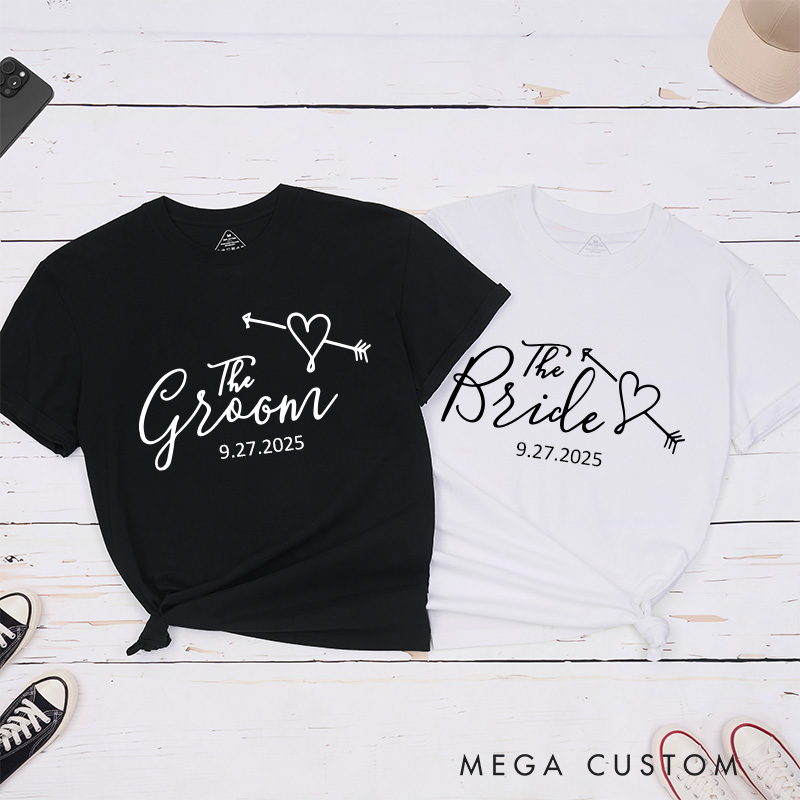 Personalized Romantic The Bride and The Groom with Heart Arrow Matching Wedding Couple Classic T-Shirt