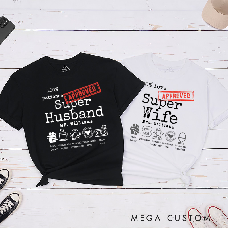 Personalized Fun Approved Super Wife and Super Husband Matching Wedding Couple Classic T-Shirt