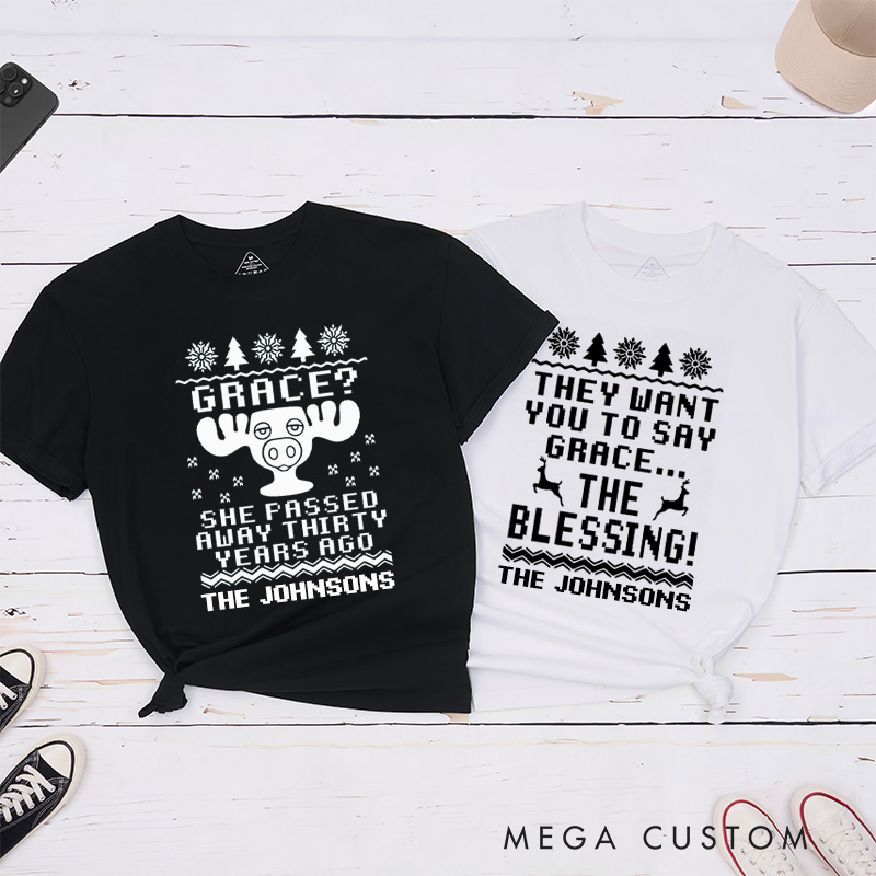 Personalized Humorous They Want You To Say Grace Christmas Matching Couple Classic T-Shirt