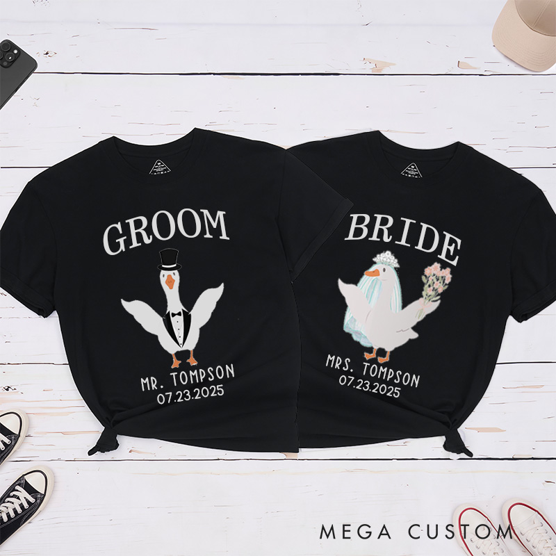 Personalized Whimsical Bride and Groom Silly Goose Matching Wedding Couple Classic T-Shirt