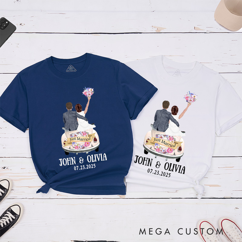 Personalized Romantic Just Married Getaway Car Wedding Couple Classic T-Shirt