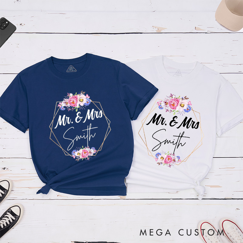 Personalized Geometric Frame with Watercolor Floral Mr and Mrs Wedding Couple Classic T-Shirt