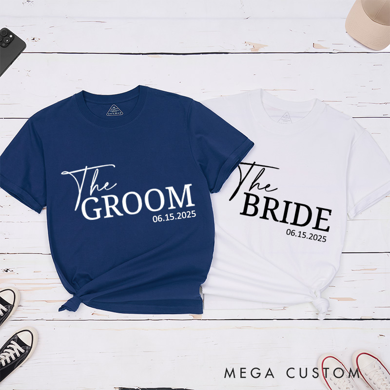 Personalized Minimalist The Bride and The Groom with Date Matching Wedding Couple Classic T-Shirt