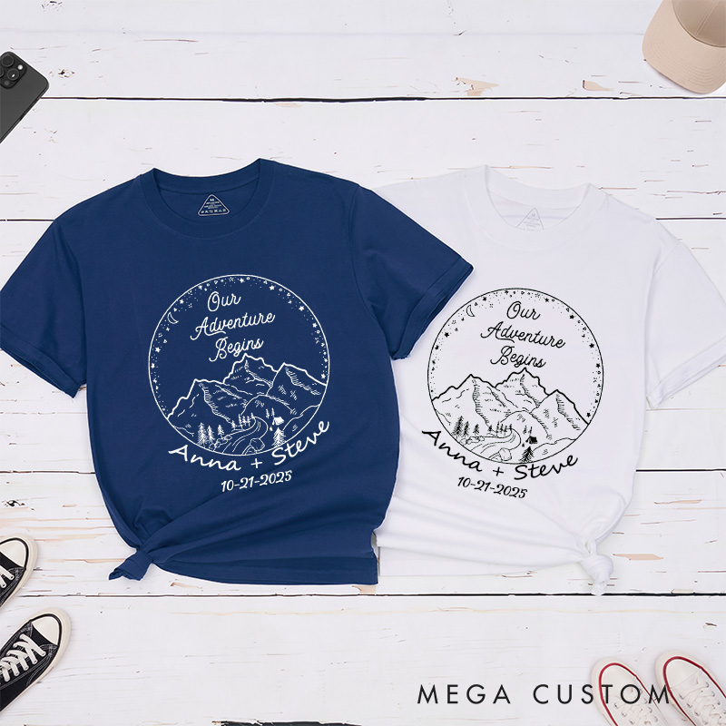 Personalized Rustic Mountain Our Adventure Begins Newlyweds Wedding Couple Classic T-Shirt