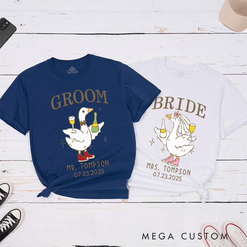 Personalized Lively Bride and Groom Silly Goose with Champagne Matching Wedding Couple Classic T-Shirt