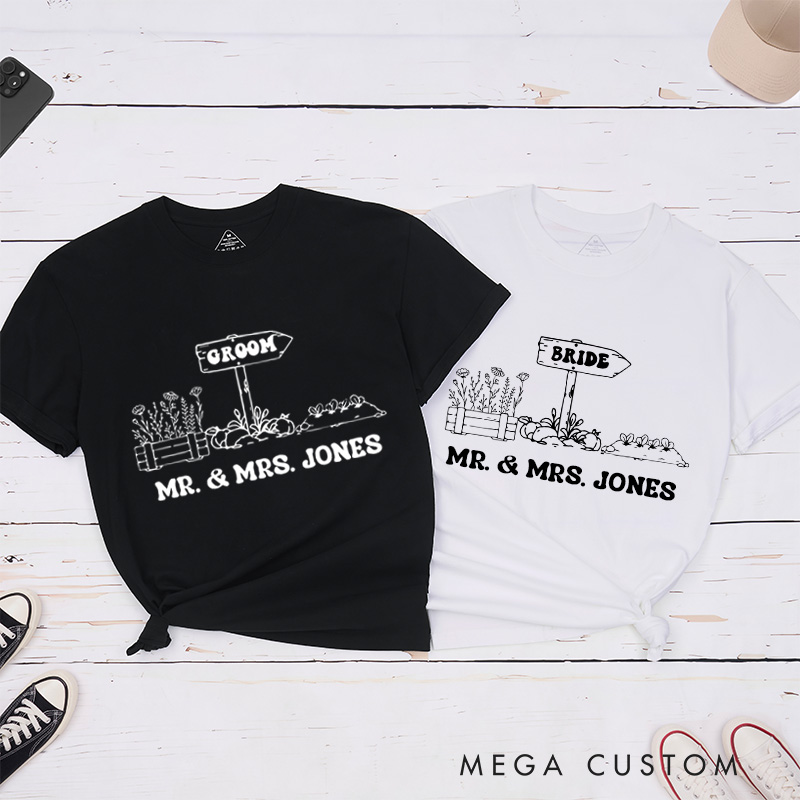 Personalized Rustic Bride and Groom Countryside Matching Wedding Couple Classic T-Shirt