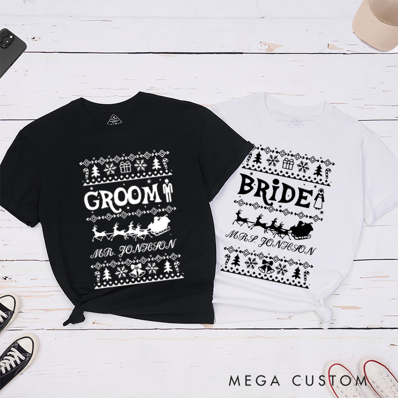Personalized Christmas Bride and Groom with Reindeer and Sleighs Matching Wedding Couple Classic T-Shirt