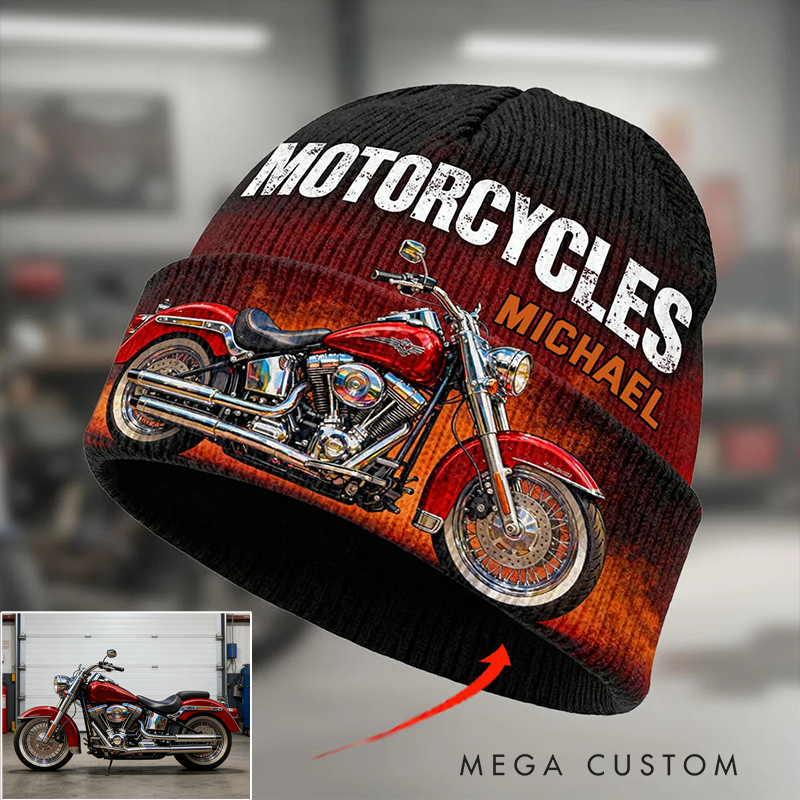 Personalized Biker Beanie Hat Custom Name  Knitted Hat Unique Gift for Bikers and Motorcycle Fans