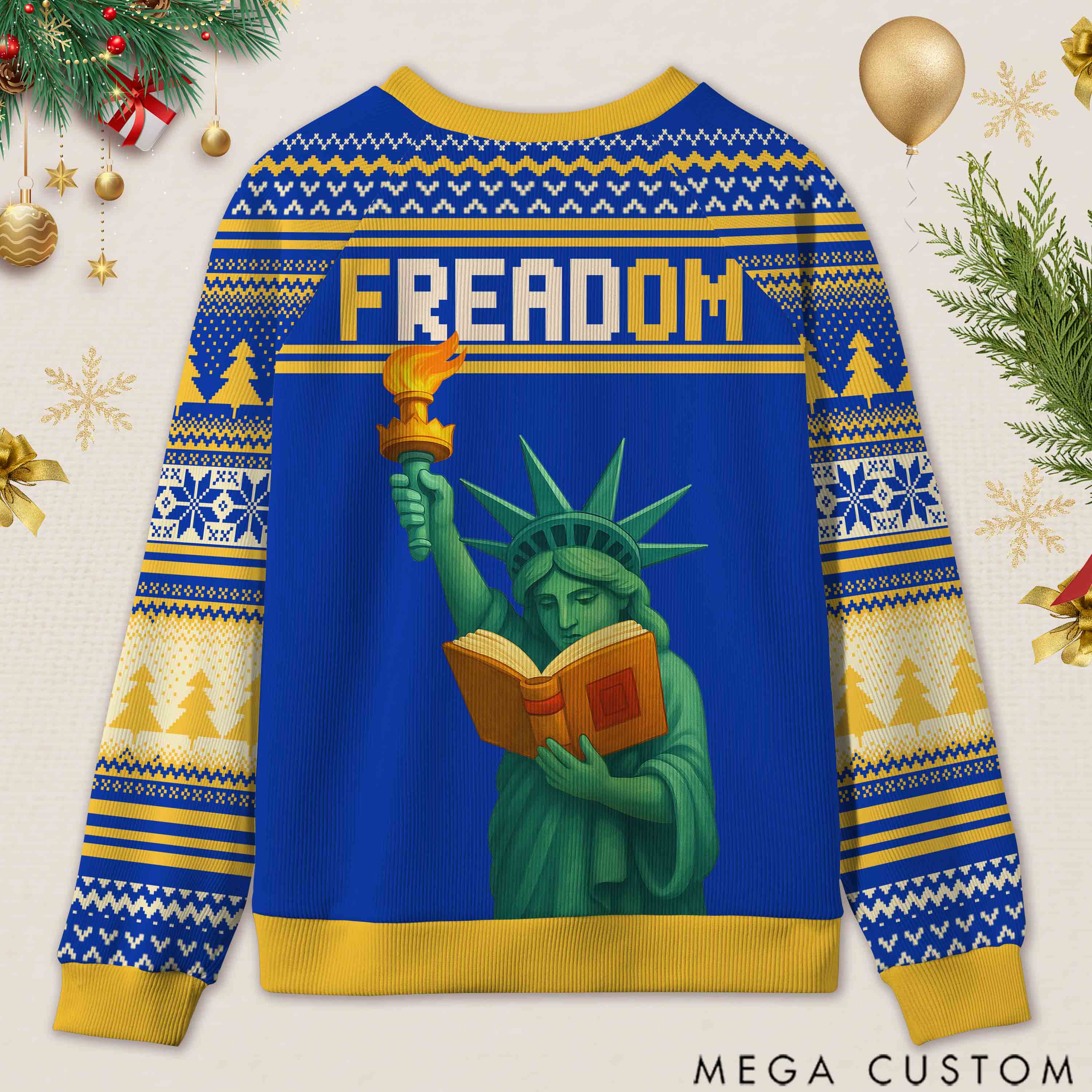 Personalized Reading Freedom Statue Fun Ugly Sweater Holiday Gift for Book Lovers