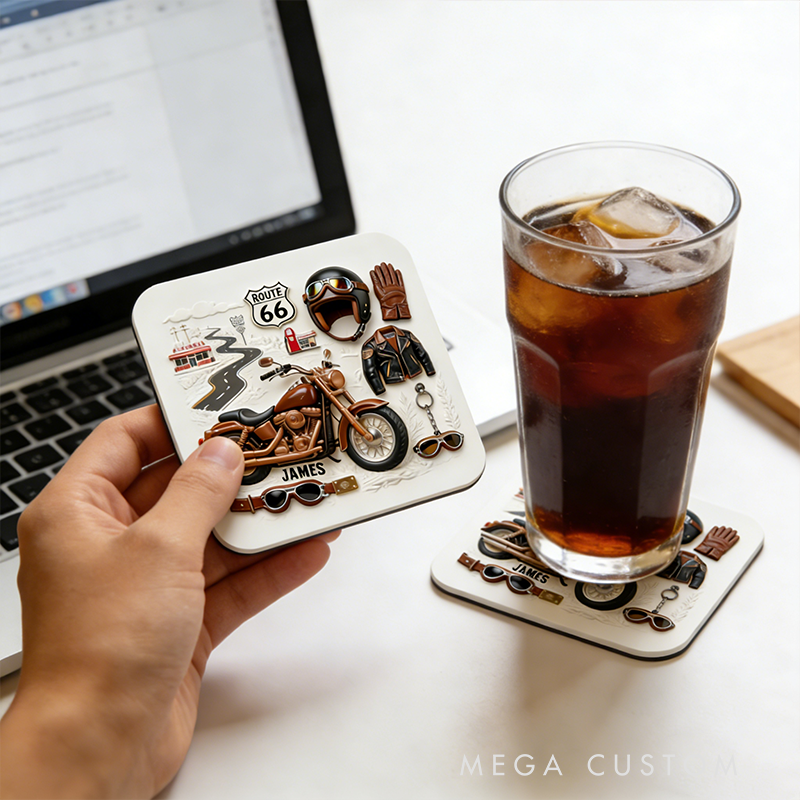 Personalized Motorcycle Coaster Set Biker Custom Name Coasters Unique Gift for Bikers