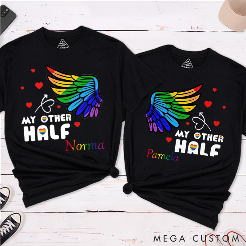 Personalized My Other Half Rainbow Wings Couple T-Shirts LGBTQ Matching Shirts for her him Pride Lesbian Gay Couple Tees