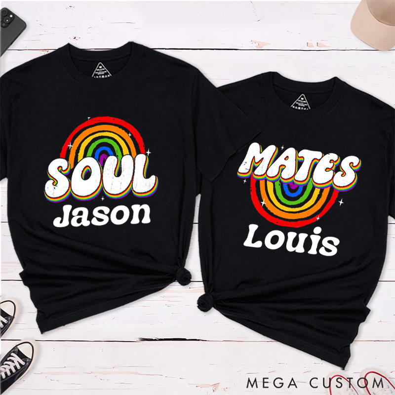 Personalized Soul Mates Rainbow Couple T-Shirts LGBTQA+ Couple Matching T-Shirt Lesbian Gay Matching Tee for Her Him