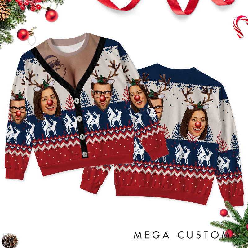 Personalized Funny Couple Face Photo Christmas Ugly Sweater Custom Couple Chest Xmas Matching Crewneck Sweatshirt Christmas Gift for Husband Wife