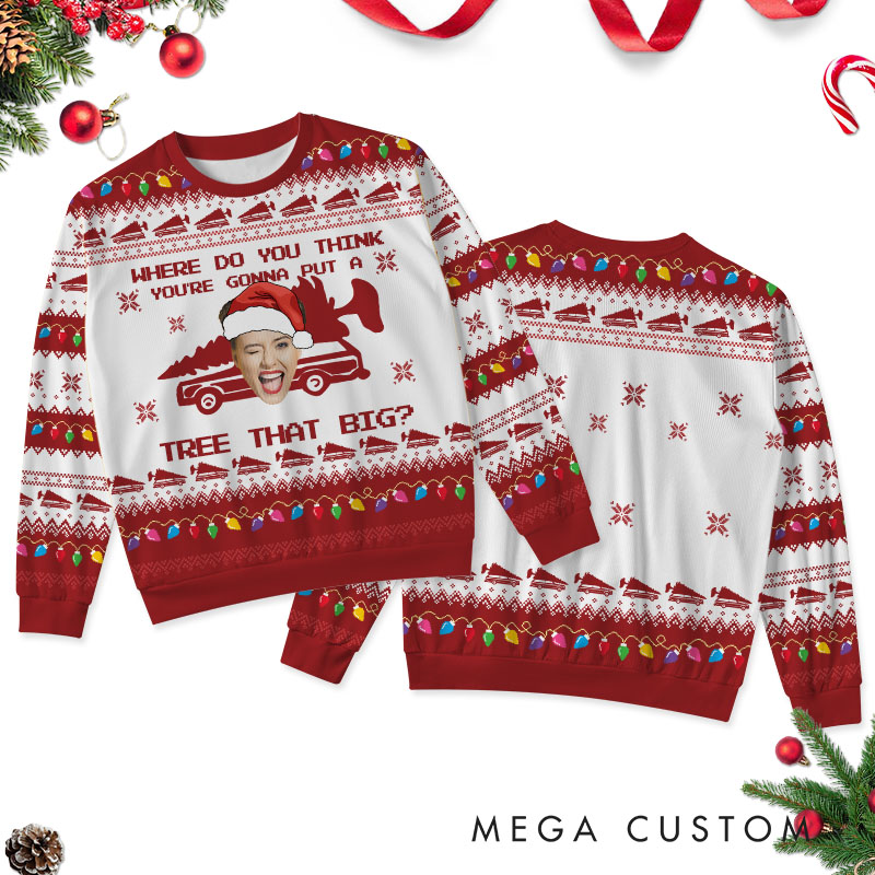 Personalized Funny Couple Bend Over and I'll Show You Christmas Ugly Sweater Custom Couple Face Photo Xmas Matching Crewneck Sweater for Husband Wife