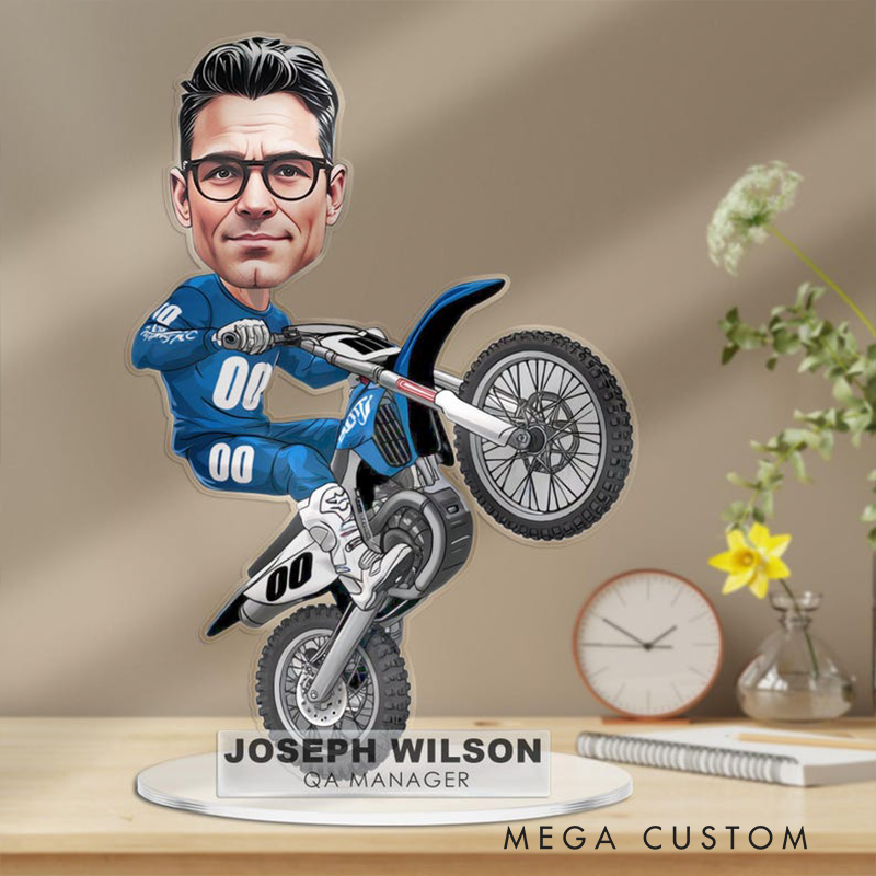Personalized Motocross Biker Figurine Caricature Portrait Desk Name Plate Acrylic Motorcycle Dirt Bike Plaque Office Decor Gift for Colleague and Racing Lovers