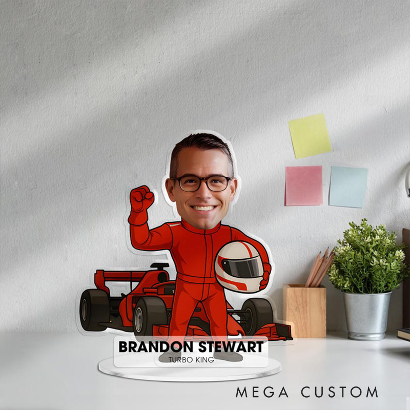 Personalized Race Car Driver Acrylic Figurine Desk Name Plate Custom Portrait Caricature Plaque Gift for Colleague and Racing Lovers
