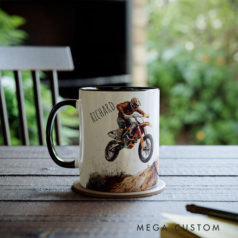 Personalized Motocross Mug Custom Dirt Bike Coffee Cup Ceramic Off Road Racing Gift Extreme Sports Cup with Rider Name for Motorcycle Lovers
