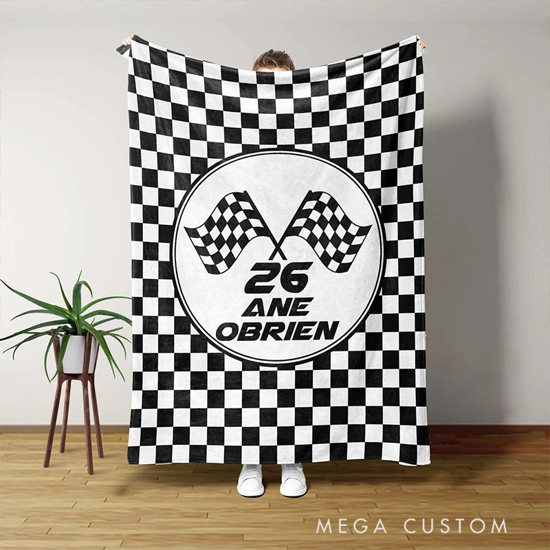 Personalized Racing Checkered Flag Blanket Custom Name and Number Blanket Gift for Racer and Racing Lovers