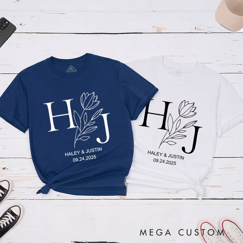 Personalized Elegant Floral with Initials Wedding Couple Classic T-Shirt