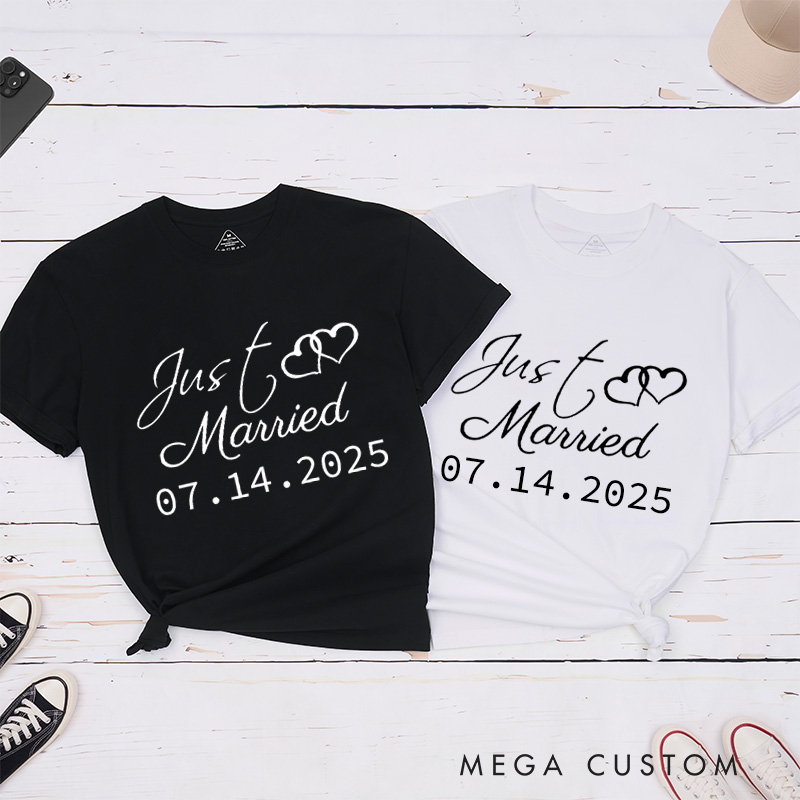 Personalized Elegant Just Married with Hearts Wedding Couple Classic T-Shirt