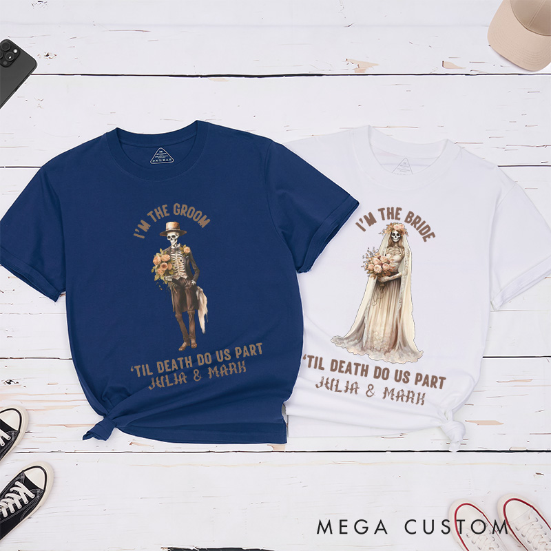 Personalized Retro Til Death Do Us Part Skeleton Bride and Groom Matching Wedding Couple Classic T-Shirt