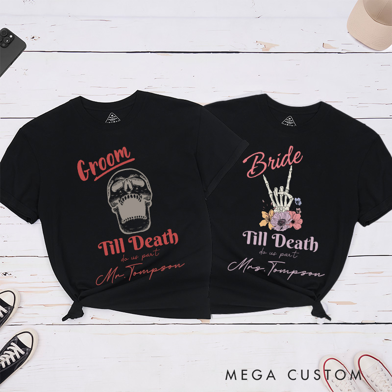 Personalized Vinatge Til Death Do Us Part Skeleton Bride and Groom Matching Wedding Couple Classic T-Shirt