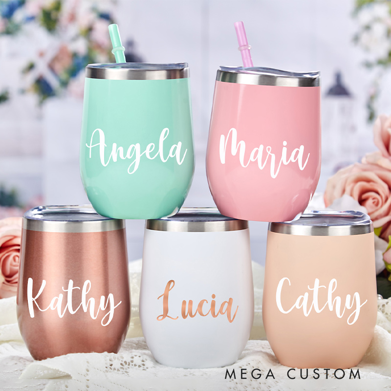 Personalized Wine Tumbler With Straw Stainless Steel Travel Mug Bridesmaid Proposal Bachelorette Party Favors