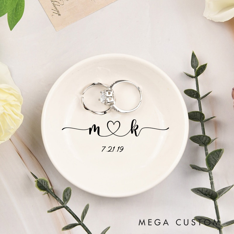 Personalized Elegant Flowing Initials with Heart and Date Wedding Engagement Round Ring Dish