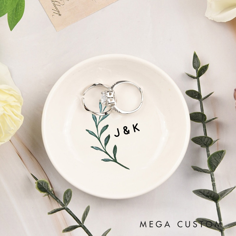 Personalized Watercolor Olive Branch with Initials Wedding Engagement Round Ring Dish