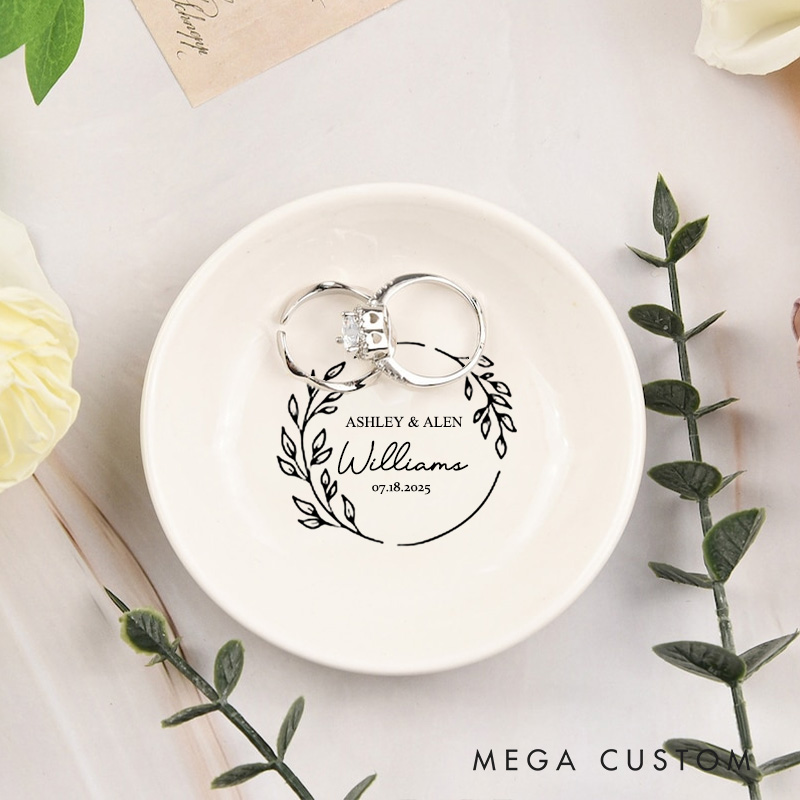 Personalized Elegant Circular Laurel Monogram Wedding Engagement Round Ring Dish