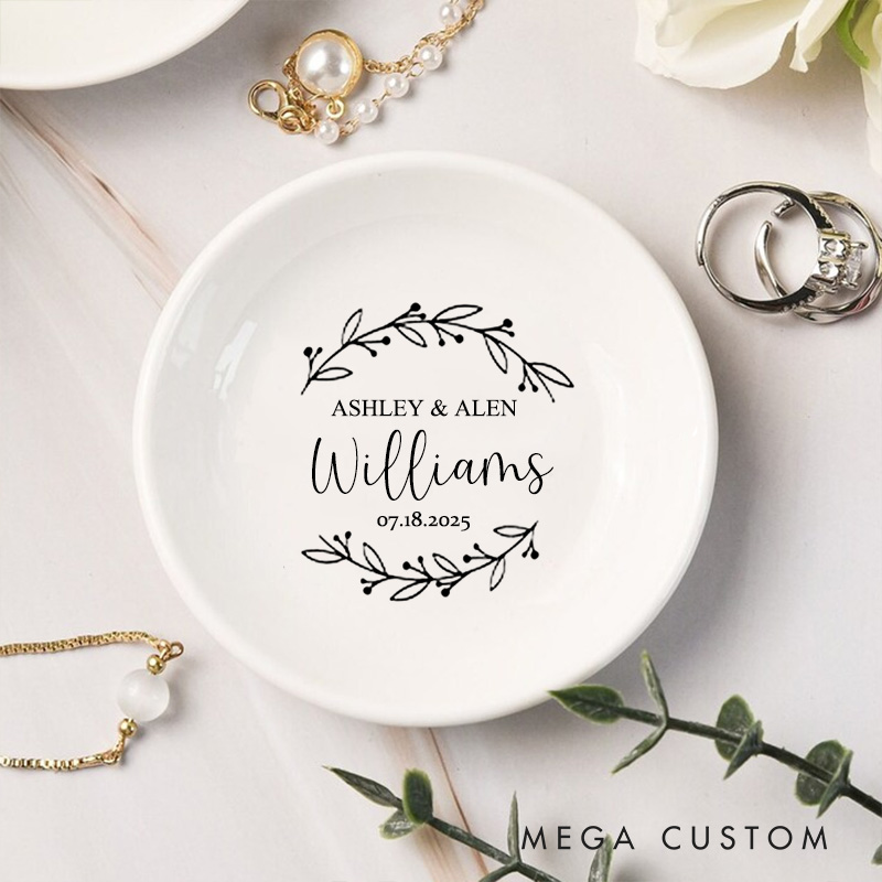 Personalized Delicate Botanical Wreath Wedding Monogram Wedding Engagement Round Ring Dish