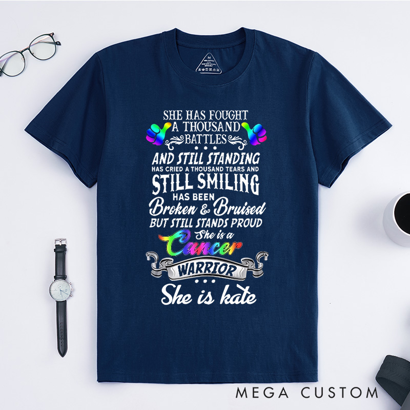Personalized Lgbt She Has Fought a Thousand Battles Breast Cancer Warrior T-Shirt Cancer Survivor Gift