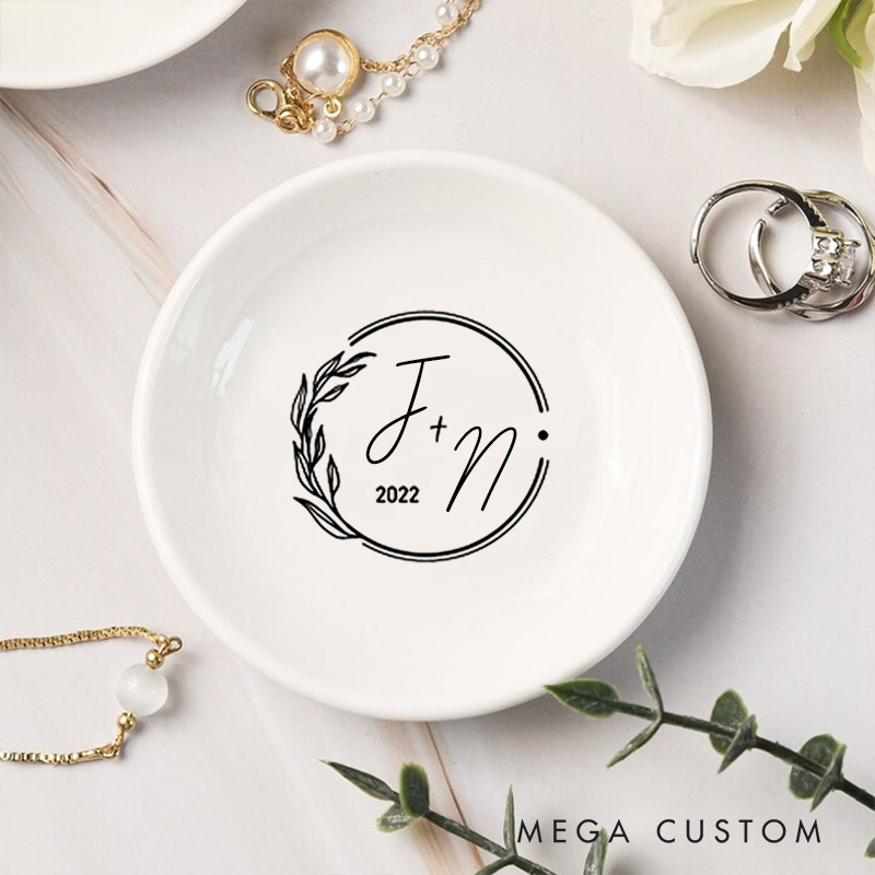 Personalized Modern Circular Initials Wedding Monogram with Botanical Accent Wedding Engagement Round Ring Dish