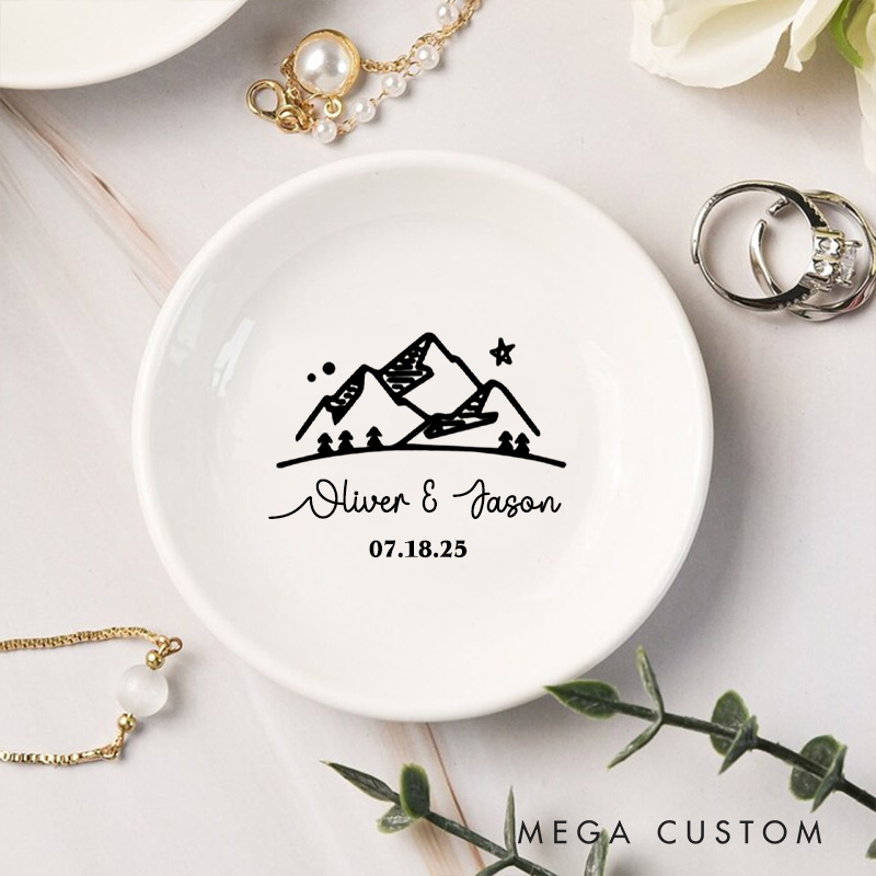 Personalized Adventure-Inspired Mountain Under the Night Sky Wedding Engagement Round Ring Dish
