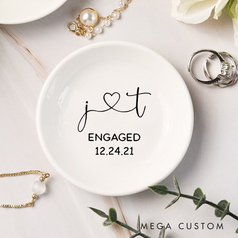 Personalized Heart-Connected Initials Engagement Monogram Engagement Round Ring Dish