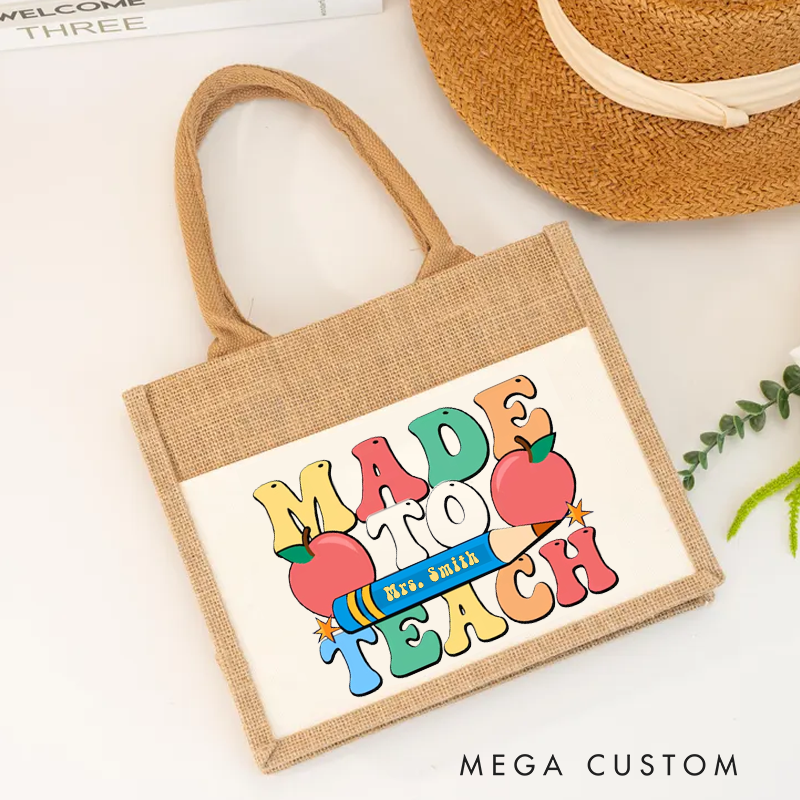 Personalized Made to Teach Teacher Burlap Tote Bag Fun Colorful Design with Pencil and Apple Perfect for Teachers