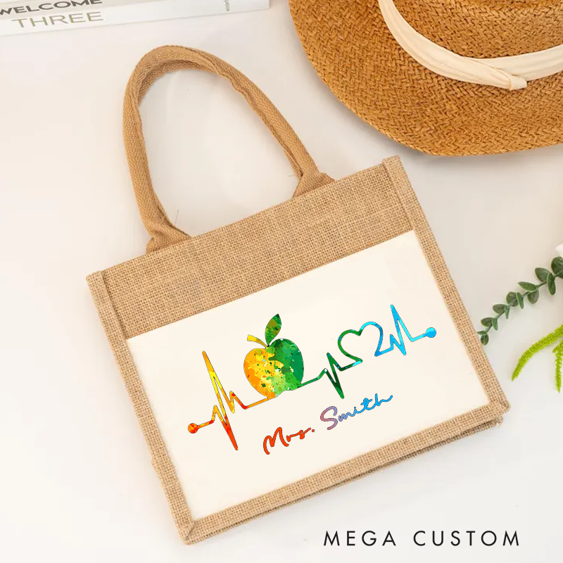 Personalized Teacher Heartbeat Burlap Tote Bag Watercolor Apple and Heart Design Perfect Gift for Teachers