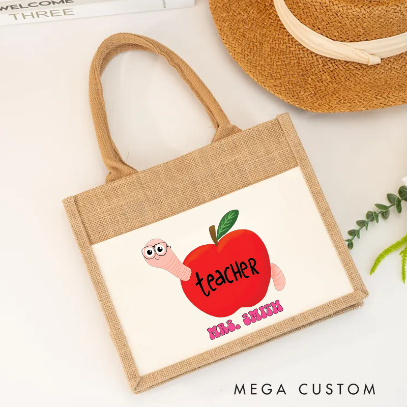Personalized Teacher Apple with Cute Worm Design Burlap Tote Bag Fun and Whimsical Gift for Teachers