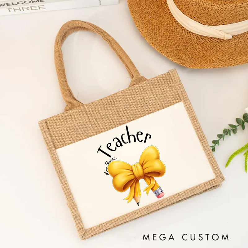 Personalized Teacher Burlap Tote Bag Yellow Bow and Pencil Design Thoughtful Stylish Gift for Teachers