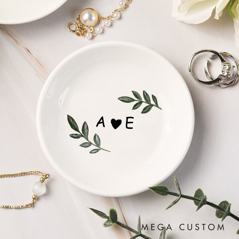 Personalized Simple Watercolor Oliver with Initials and Heart Wedding Engagement Round Ring Dish
