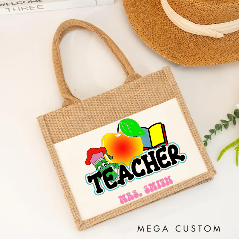 Personalized Teacher Burlap Tote Bag Fun Apple and Book Design with Cute Worm Perfect Gift for Teachers