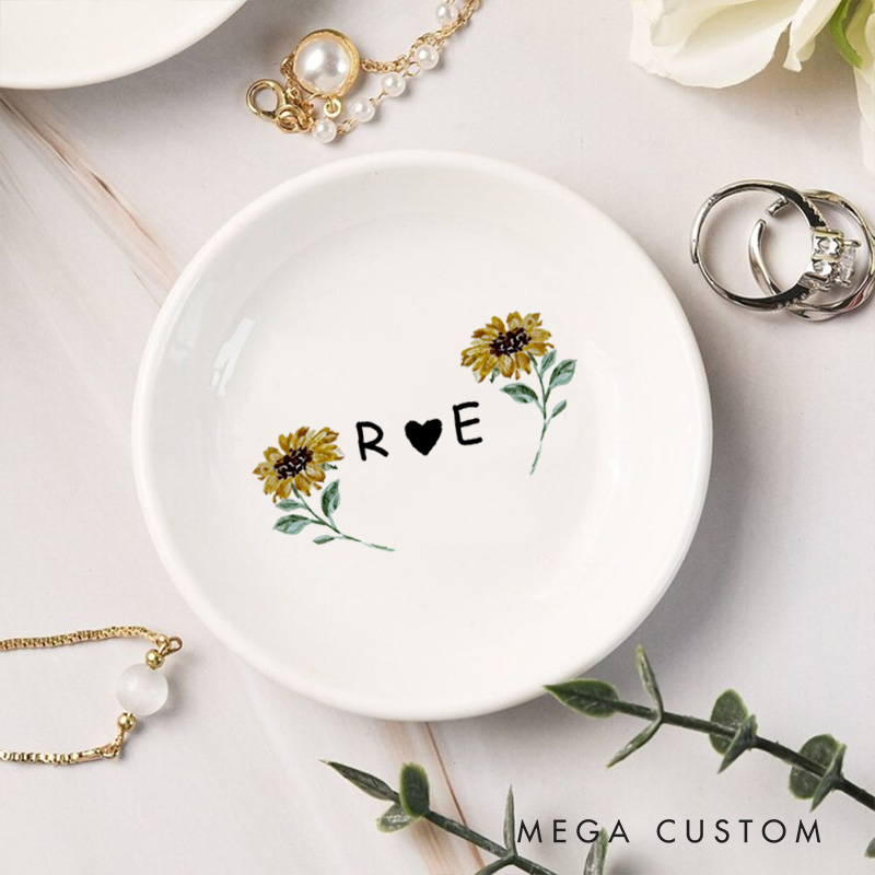 Personalized Cheerful Watercolor Sunflowers with Initials and Heart Wedding Engagement Round Ring Dish