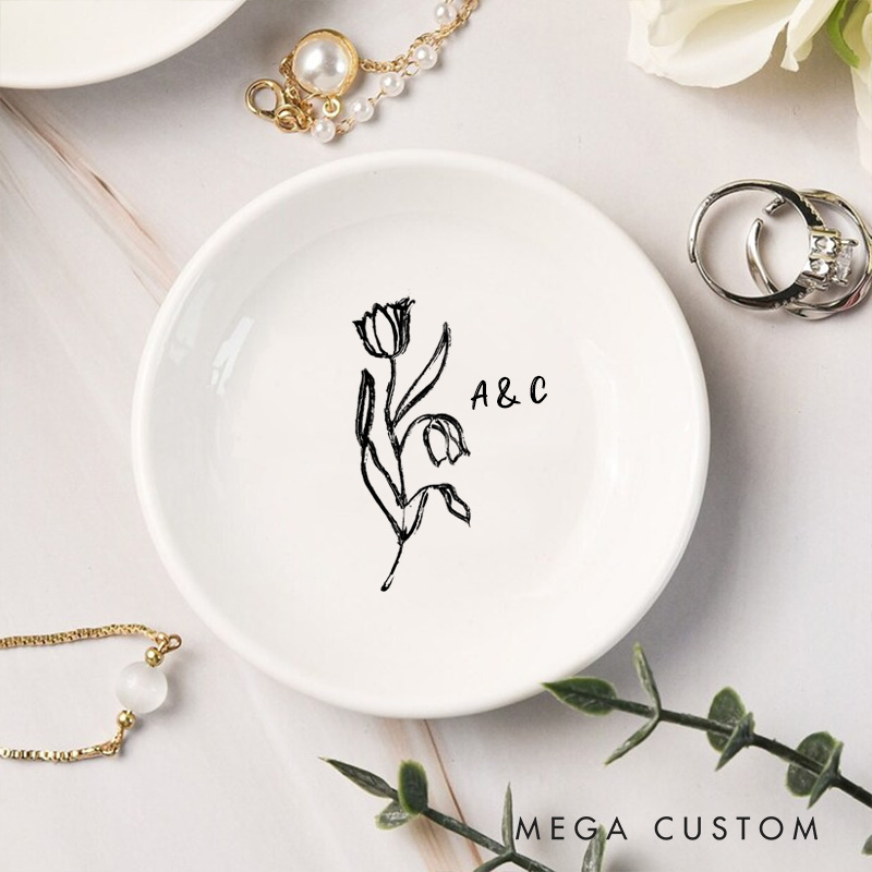 Personalized Artistic Floral Tulip Initials with Date Wedding Engagement Round Ring Dish