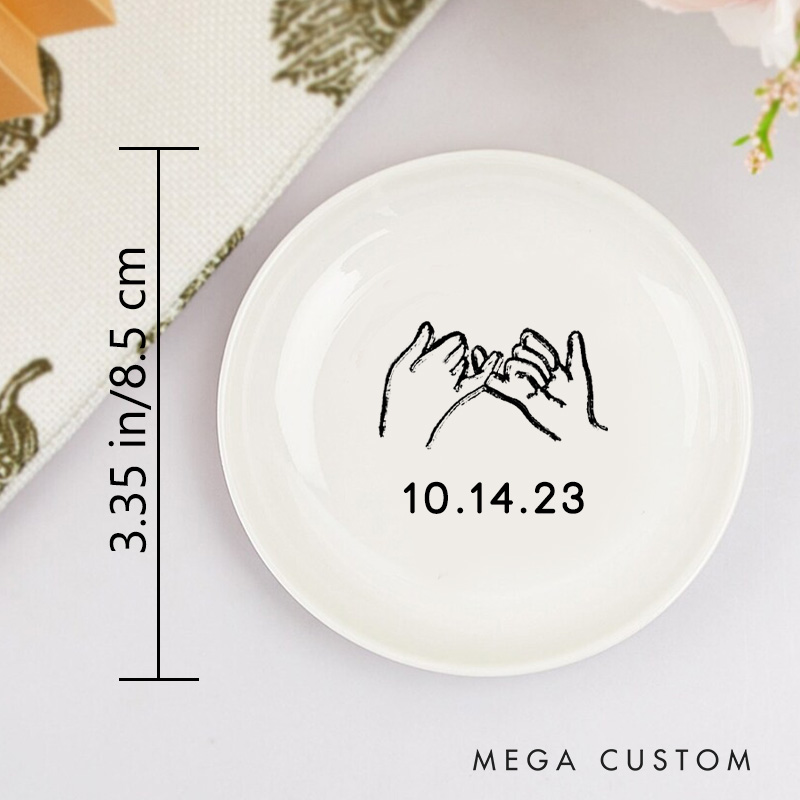 Personalized Minimalist Hand-in-Hand with Date Wedding Engagement Round Ring Dish