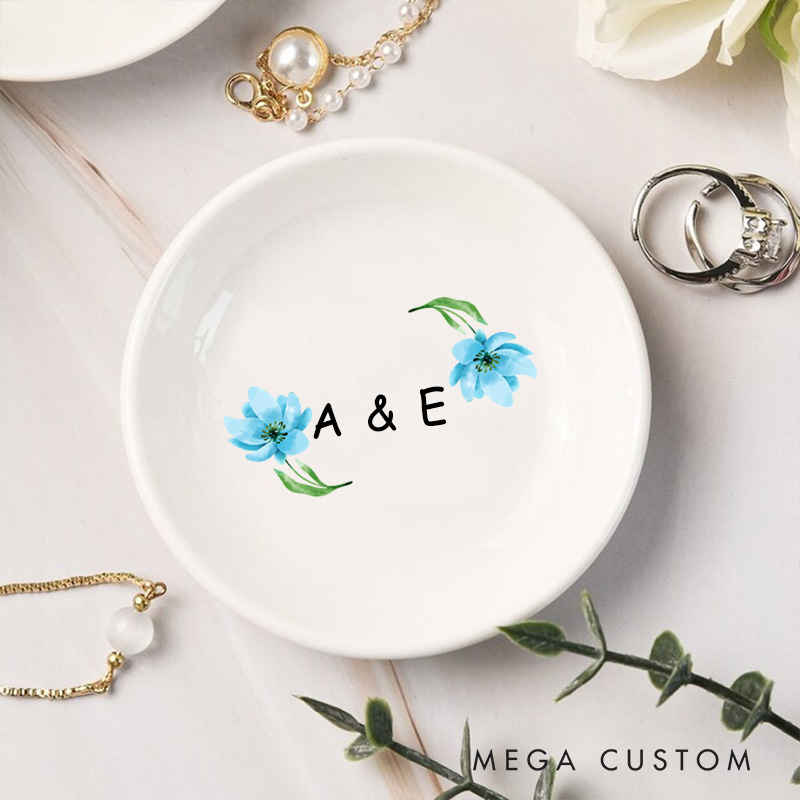 Personalized Watercolor Floral Blue Blossoms with Initials Wedding Engagement Round Ring Dish