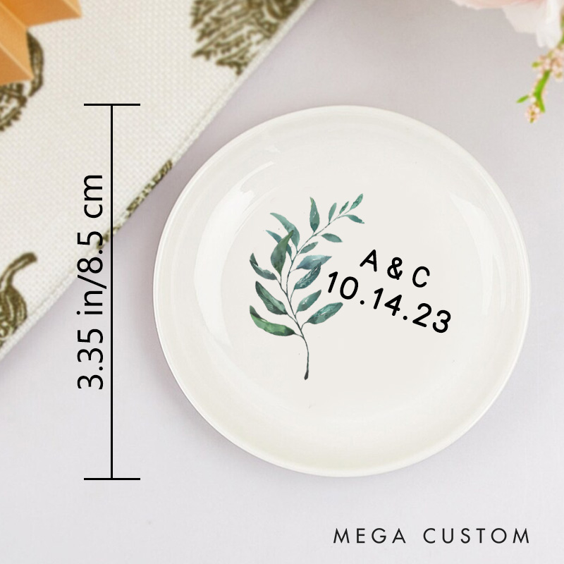 Personalized Elegant Watercolor Fern Leaves with Initials and Date Wedding Engagement Round Ring Dish