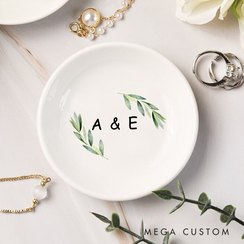Personalized Watercolor Leafy Branches with Initials Wedding Engagement Round Ring Dish